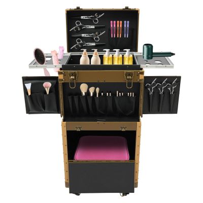 CNCEST Beauty Salon Luggage,Rolling Lockable Makeup Train Case Hairdressing Trolley Stylist Beauty Salon Cosmetic Luggage Travel Organizer Tool Box with Hair Dryer Holder (Gold)