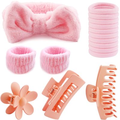 16 Pcs Face Wash Headband Wristband Hair Clips Ponytail Holders Set for Women, Soft Spa Bowknot Headband, Plastic Claw Clips, Elastics Hair Tie for Facial Skincare Makeup (Pink, M)
