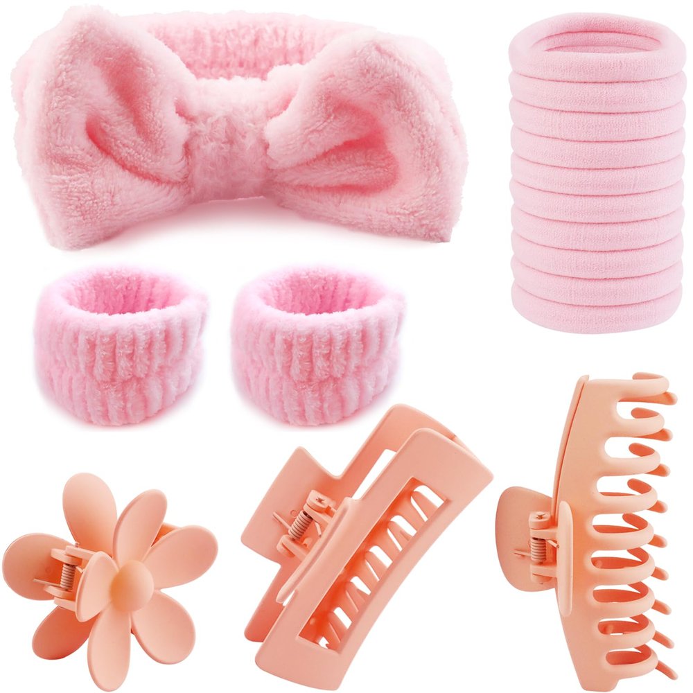 16 Pcs Face Wash Headband Wristband Hair Clips Ponytail Holders Set for Women, Soft Spa Bowknot Headband, Plastic Claw Clips, Elastics Hair Tie for Facial Skincare Makeup (Pink, M)