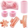 16 Pcs Face Wash Headband Wristband Hair Clips Ponytail Holders Set for Women, Soft Spa Bowknot Headband, Plastic Claw Clips, Elastics Hair Tie for Facial Skincare Makeup (Pink, M) view 1