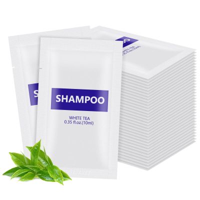 100 pack 0.35 fl oz/10ml Travel Size Shampoo Bulk Individually Wrapped - Refreshing Mini Shampoo Packets Hair Shampoo Single Use Supplies for Homeless Care Hotel Guests, White Tea Scent