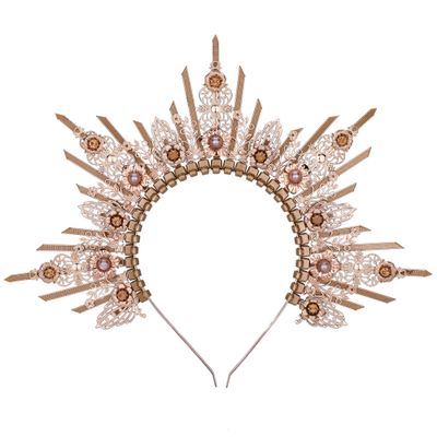 COSUCOS Handmade Spiked Halo Crown - Zip Tie Sun Goddess Headband Yellow Pearls Sunburst Virgin Mary Crowns Bridal Crown for Photoshoot Prom Renaissance Hallowoon Cosplay Hair Accessories