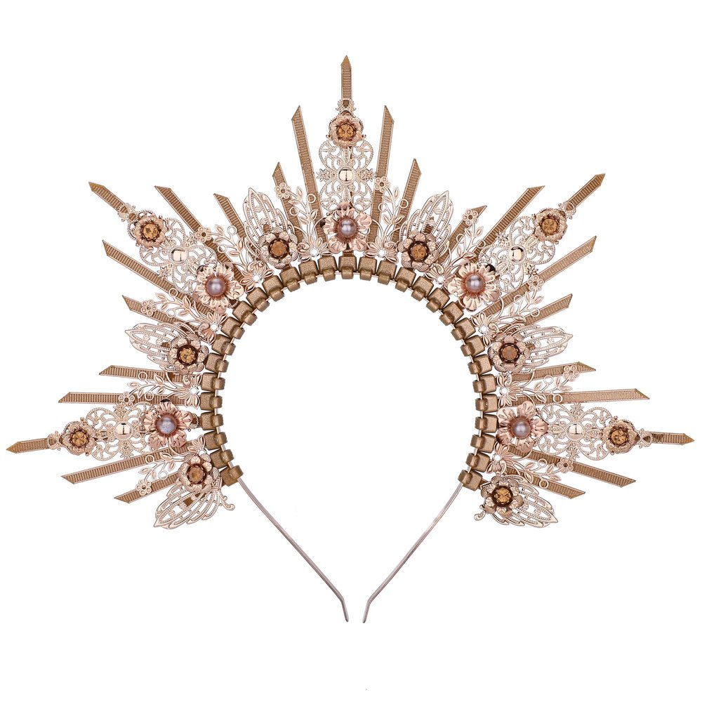 COSUCOS Handmade Spiked Halo Crown - Zip Tie Sun Goddess Headband Yellow Pearls Sunburst Virgin Mary Crowns Bridal Crown for Photoshoot Prom Renaissance Hallowoon Cosplay Hair Accessories