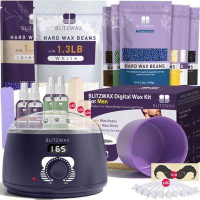 BLITZWAX Brazilian and Bikini Waxing Kit for Men With 2.6lb Lavender and Cream Wax Beads, Hard Wax Warmer for Face, Legs, and Body, At Home Hair Removal Kit, Beginner Friendly