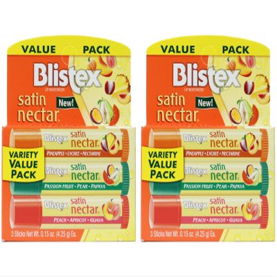 Blistex Lip Moisturizer Satin Nectar Variety Pack, Each Stick with 3 Flavors: Pineapple Lychee Nectarine, Passion Fruit Pear Papaya, and Peach Apricot Guava, 0.15 oz Each (Pack of 2)