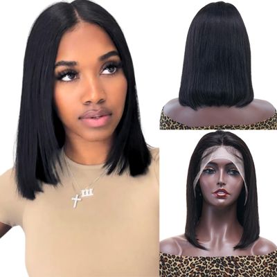 13x4 Straight Bob Human Hair Wig 100% Brazilian human hair pre plucked bleached knots lace front wig, hd lace wigs Pre-Cut lace, Straight Bob Wigs (Natural Black, 10")
