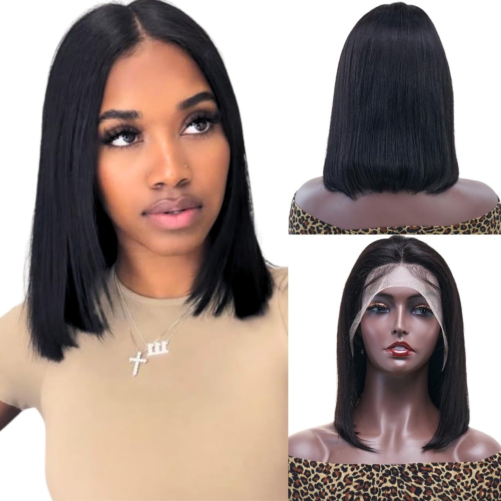 13x4 Straight Bob Human Hair Wig 100% Brazilian human hair pre plucked bleached knots lace front wig, hd lace wigs Pre-Cut lace, Straight Bob Wigs (Natural Black, 10")
