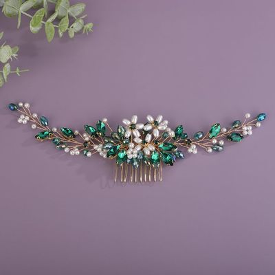 Teyglen Bride Crystal Wedding Hair Comb Flower Pearl Hair Piece Bridal Crystal Hair Comb Headband Green Rhinestone Headpiece Floral Hair Accessories for Women (Green)