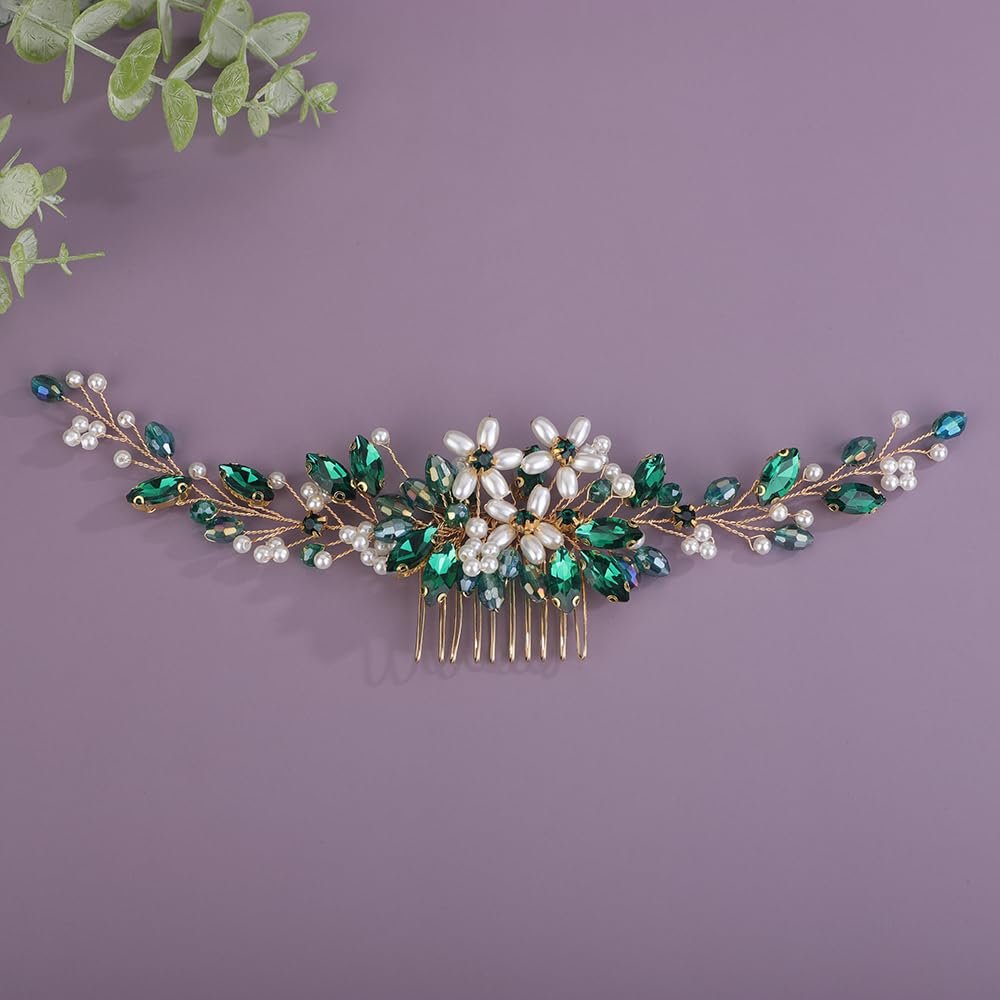 Teyglen Bride Crystal Wedding Hair Comb Flower Pearl Hair Piece Bridal Crystal Hair Comb Headband Green Rhinestone Headpiece Floral Hair Accessories for Women (Green)