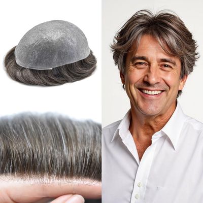 JUST HAIR Ultra Thin Skin 0.06mm Transparent PU Mens Toupee Real Human Hair All V-looped Invisible Hairline Hair Replacement System Hair Piece 6"x9" #330 Dark Brown with 30% Gray