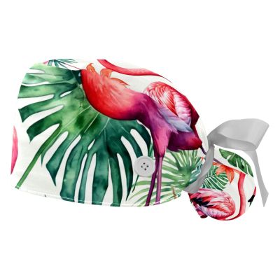 2 Pieces Scrub Caps Women Flower Leaves Flamingo Scrub Caps Surgical Caps for Kitchen Multi
