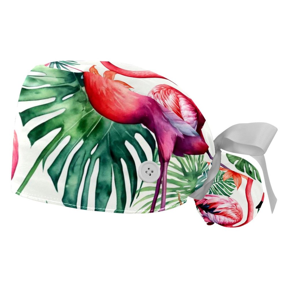 2 Pieces Scrub Caps Women Flower Leaves Flamingo Scrub Caps Surgical Caps for Kitchen Multi