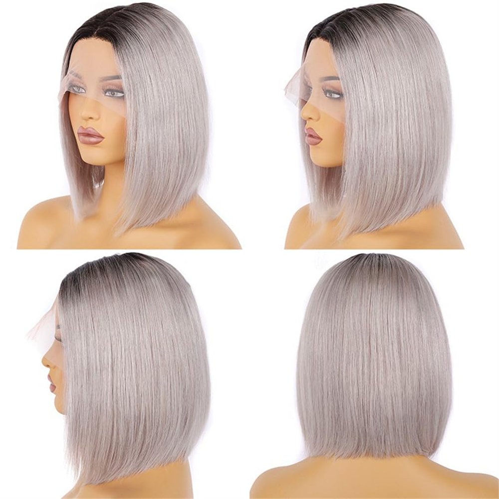 13x4cm Lace Wig Light Gray Straight Middle Part for Woman Lace Bobo Human Hair (Light gray,20inch)