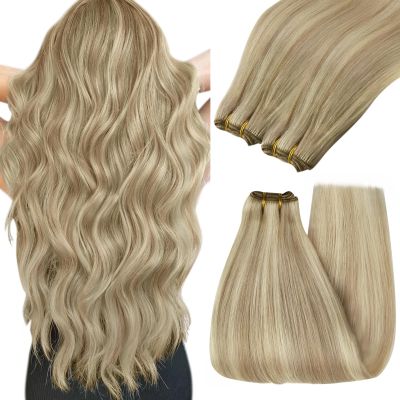 YoungSee Human Hair Sew in Extensions Blonde Highlight Hair Extensions Sew in Dark Ash Blonde Highlighted Light Blonde Weft Hair Extensions Human Hair Highlight Remy Hair 22Inch 100G