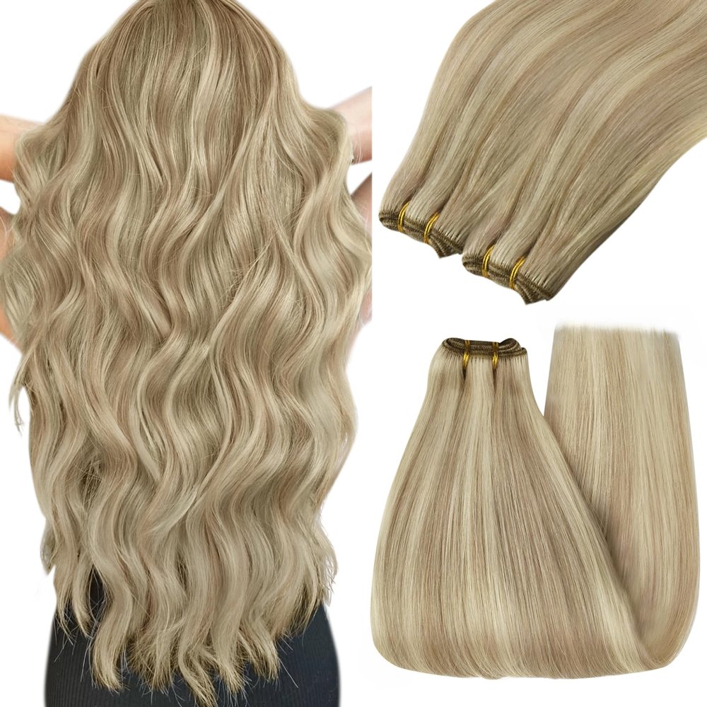 YoungSee Human Hair Sew in Extensions Blonde Highlight Hair Extensions Sew in Dark Ash Blonde Highlighted Light Blonde Weft Hair Extensions Human Hair Highlight Remy Hair 22Inch 100G