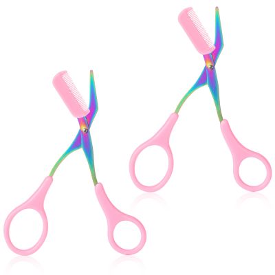 Eyebrow Trimmer Scissor Professional Eyebrow Scissors with Comb Stainless Steel Eye Brow Razors Portable Non Slip Hair Removal Beauty Accessories for Men Women (Pink)