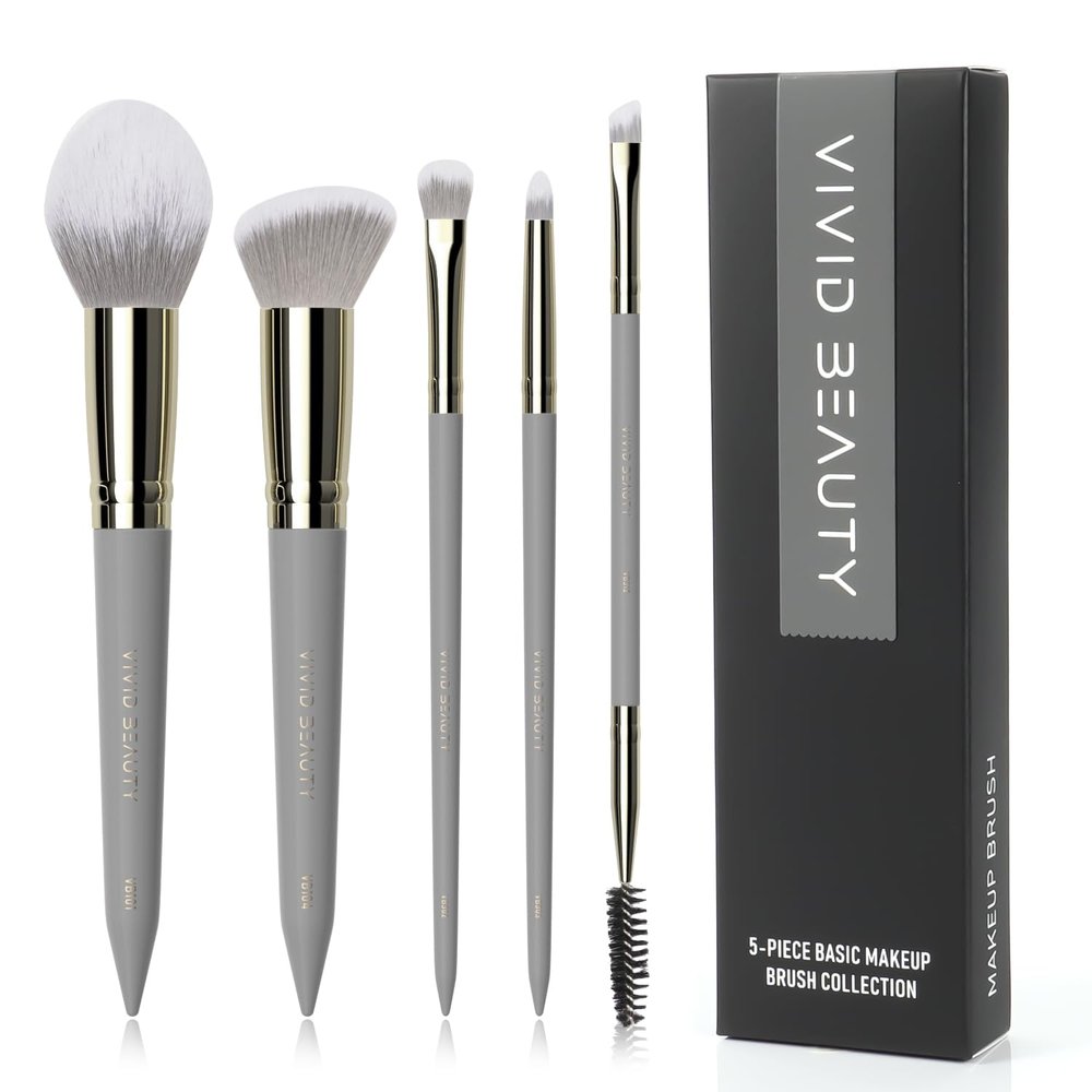 5pcs Travel Makeup Brush Set  Face & Eye Basic Brushes for Powder, Blush, Crease, Eyeshadow, Eyesbrow & Eyelash  Soft, Skin Friendly Synthetic Fiber  Your Make up Essential Brush Kit (Grey)