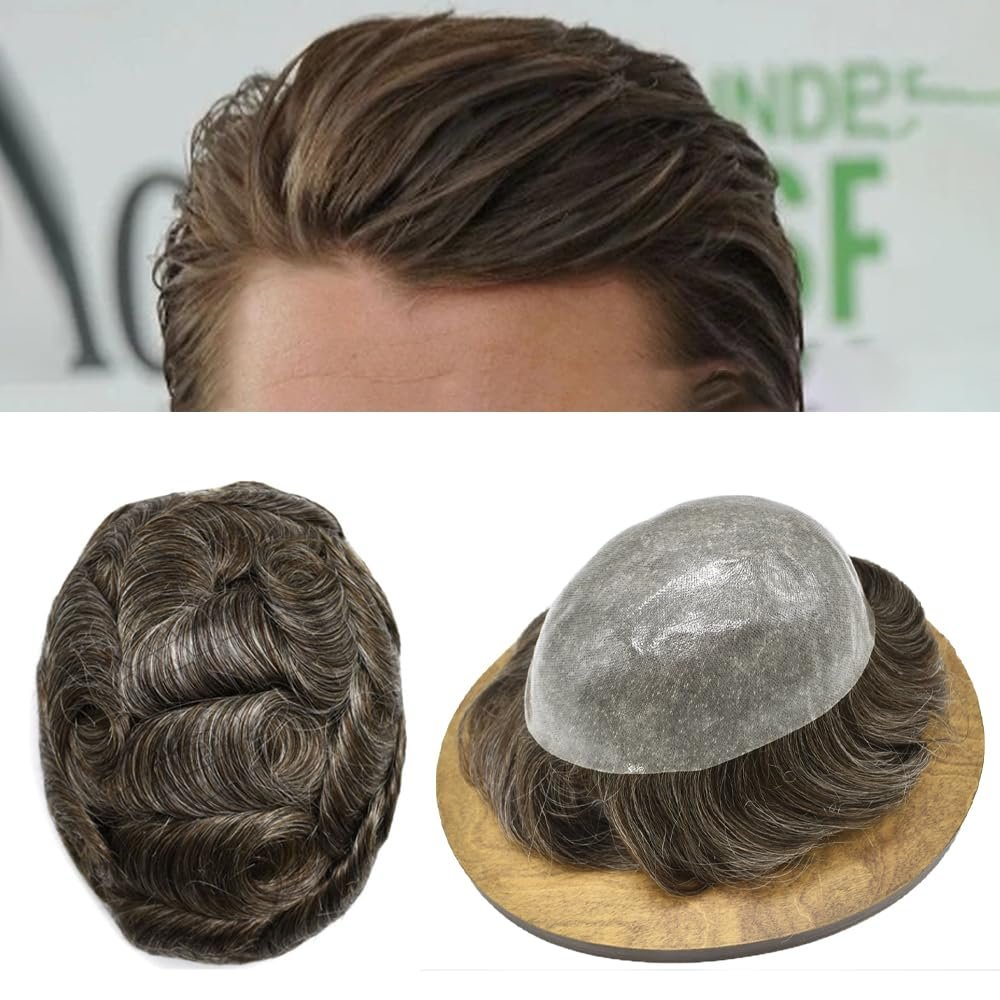 PU Toupee For Men Hair Piece Real Human Hair Mens Toupee Hair Replacement System For Men Hair System Full Poly Skin Protesis Capilar Para Hombre 7x9 Medium light density #440 4# MEDIUM BROWN+40% GREY