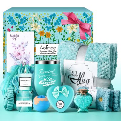 Birthday Gifts for Women, Thinking of You Gift Care Package with Luxury Flannel Blanket for Women Mom Her Wife Friends Sister, Blue Self Care Spa Relaxing Baskets for Christmas Valentines Mothers Day