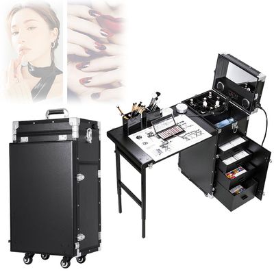 BDJSN Rolling Manicure Table, Professional Portable Cosmetic Storage Box with 6 Lights, 4 Drawer Trolley with Speakers, Aluminum Alloy Frame Nail Desk Workstation for Makeup Artist, Manicurist