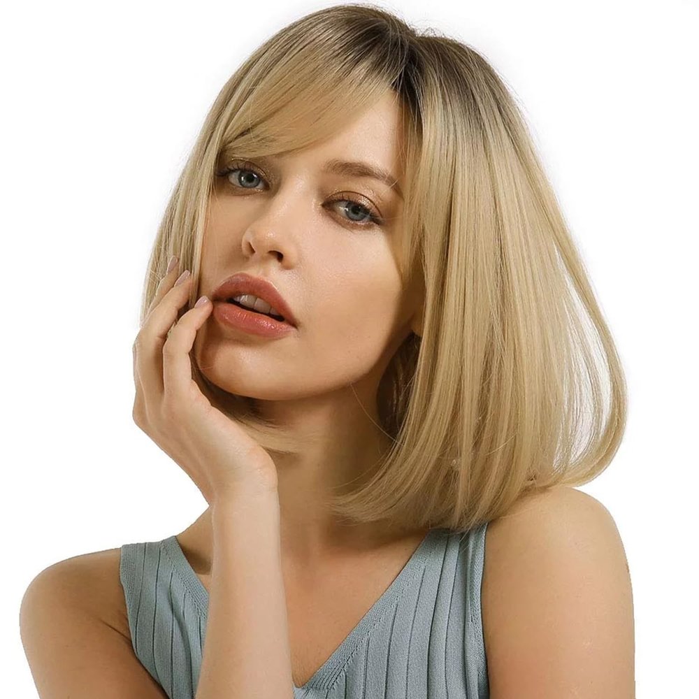 Luxclipse Short Bob Wig with Bangs - Ombre Blonde to Brown, Dark Roots, Shoulder Length Straight Natural Wig for Daily, Halloween, Cosplay, Party, 14 Inch