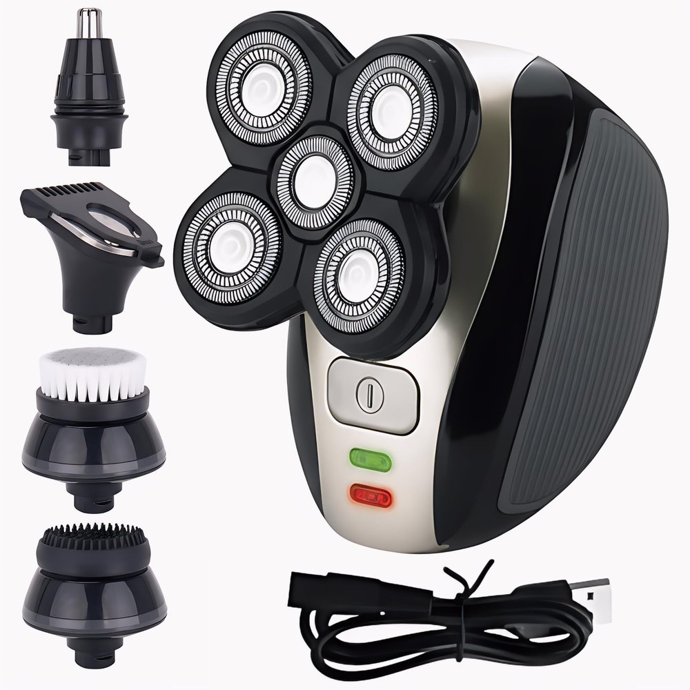 Electric Head & Body Hair Shaver - Mens Cordless Rechargeable Wet/Dry Skull Bald Head Back & Groin Waterproof Razor with Rotary Blades, Clippers, Nose Trimmer, Brush, Massager
