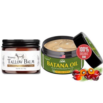 ANGELYCIA Batana Oil and Tallow Balm Cream Bundle Set - 100% Organic Raw Batana Oil For Hair Growth, Nourish Strengthen Prevent Hair Loss and Beef Tallow for Skin, 100% Grass Fed Handmade