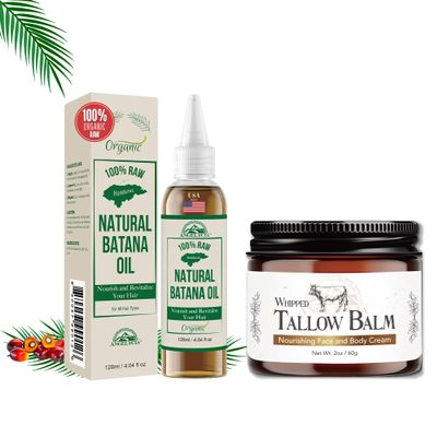 ANGELYCIA Batana Oil and Tallow Balm Cream Bundle Set - 100% Organic Raw Batana Oil For Hair Growth, Nourish Strengthen Prevent Hair Loss and Beef Tallow for Skin, 100% Grass Fed Handmade