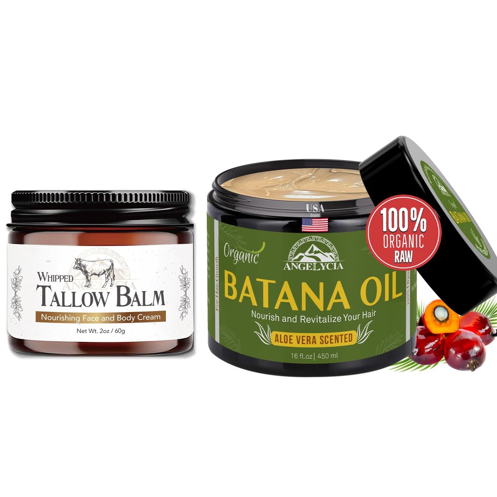 ANGELYCIA Batana Oil and Tallow Balm Cream Bundle Set - 100% Organic Raw Batana Oil For Hair Growth, Nourish Strengthen Prevent Hair Loss and Beef Tallow for Skin, 100% Grass Fed Handmade