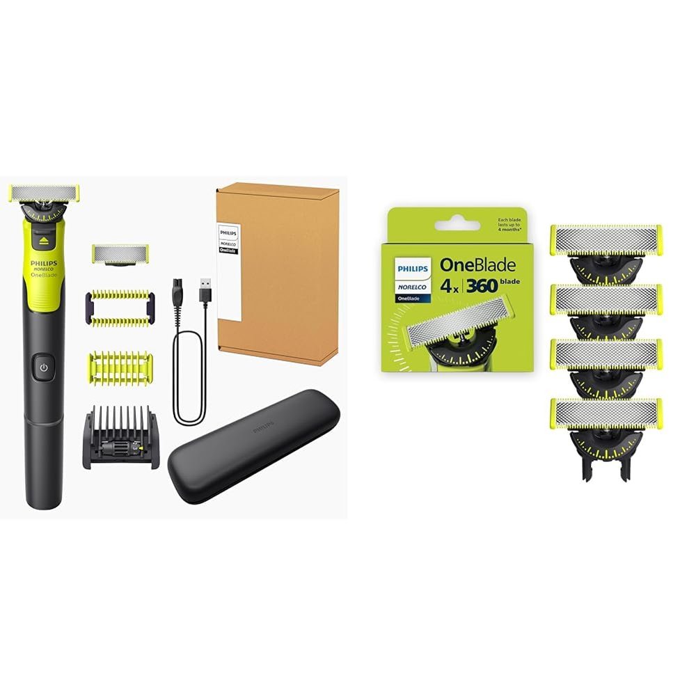 Philips Norelco OneBlade 360 with Connectivity Face & Body Hybrid Electric Trimmer & Shaver, QP4631/90 Genuine OneBlade 360 Blade Replacement Blades, 4 Count, QP440/80