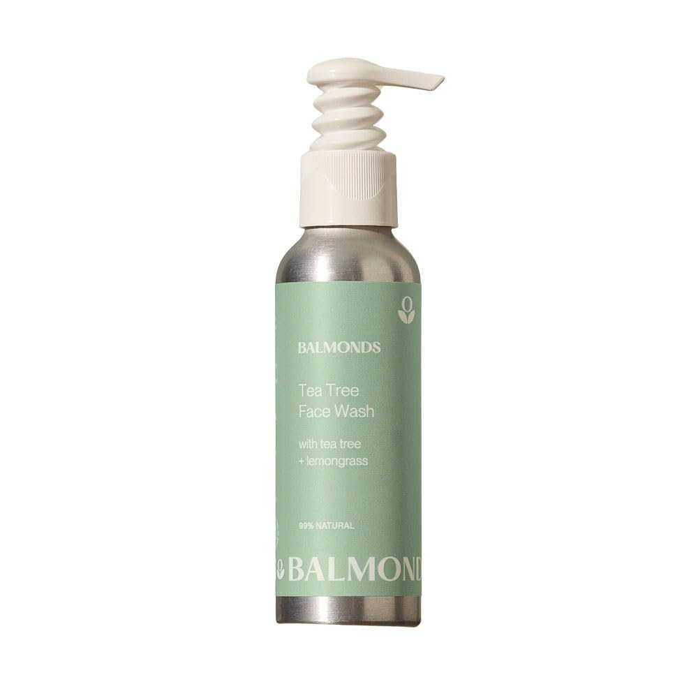 Balmonds tea tree face wash - 99% natural foaming cleanser with lemongrass for sensitive, breakout-prone skin, vegan, paraben-free, 4.2 fl oz