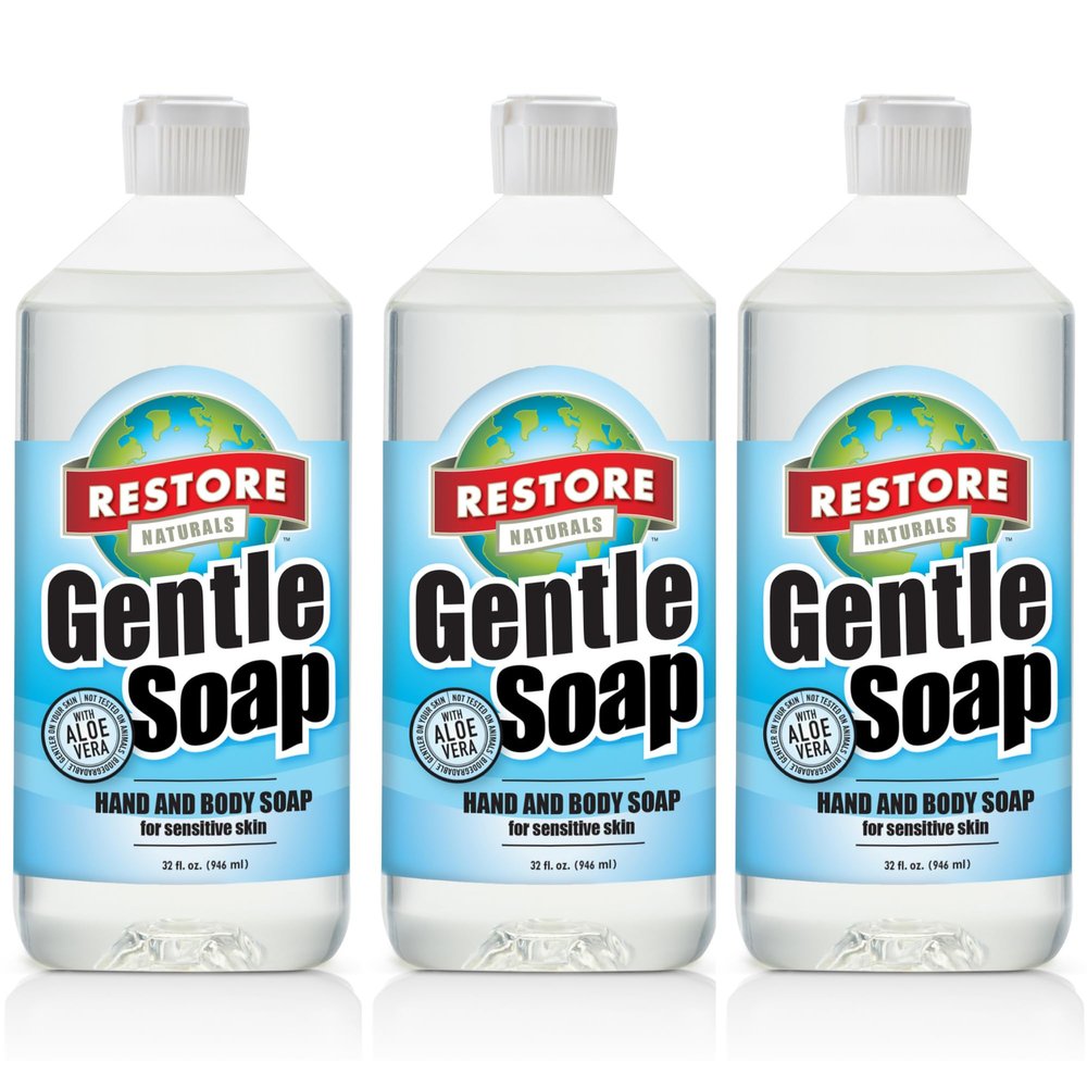 Restore Naturals Gentle Soap - 32oz - Non Toxic Hand Soap for Sensitive Skin | Plant Based | Unscented - 3 Pack