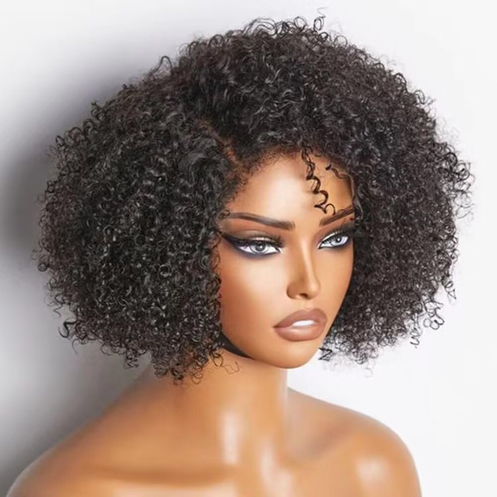 13x6 HD Lace Front Short Bob Lace Wig Afro Kinky Curly Brazilian Deep Curly Human Hair Wig With Baby Hair Pixie Water Wave Bob Wig For Black Women Glueless Wig 150% Density 14Inch
