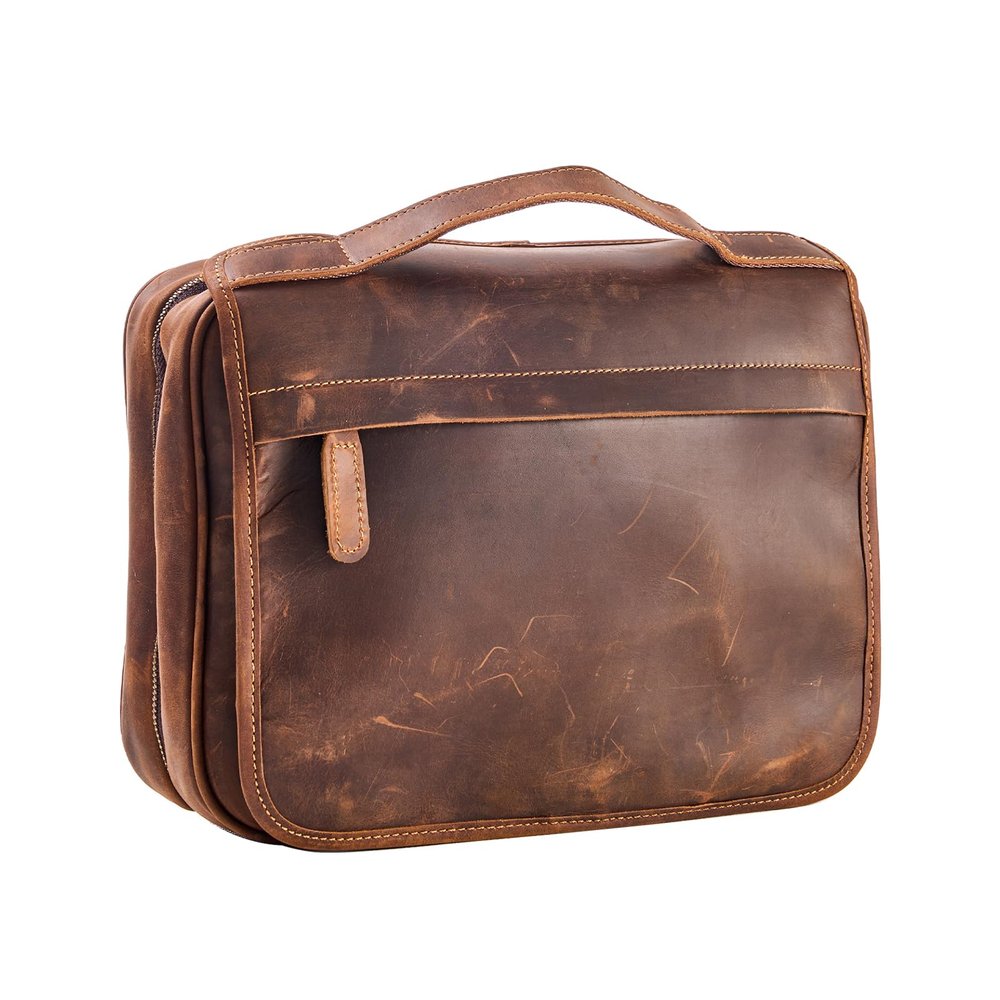 AGDHERSNVX Hanging Toiletry Bag for Men Women,Full Grain Genuine Leather Toiletry Bag for Travel,Makeup Cosmetic Case,Shaving Kit Bag,Hygiene Dopp Kit DarkBrown