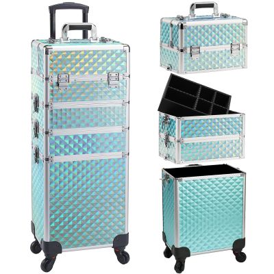 Faquenc Rolling Makeup Case with Wheels 4 in 1 Cosmetic Trolley and Cosmetology Cart Trunk for Makeup Artists Hairstylists Nail Techs Salons Large Capacity Turquoise