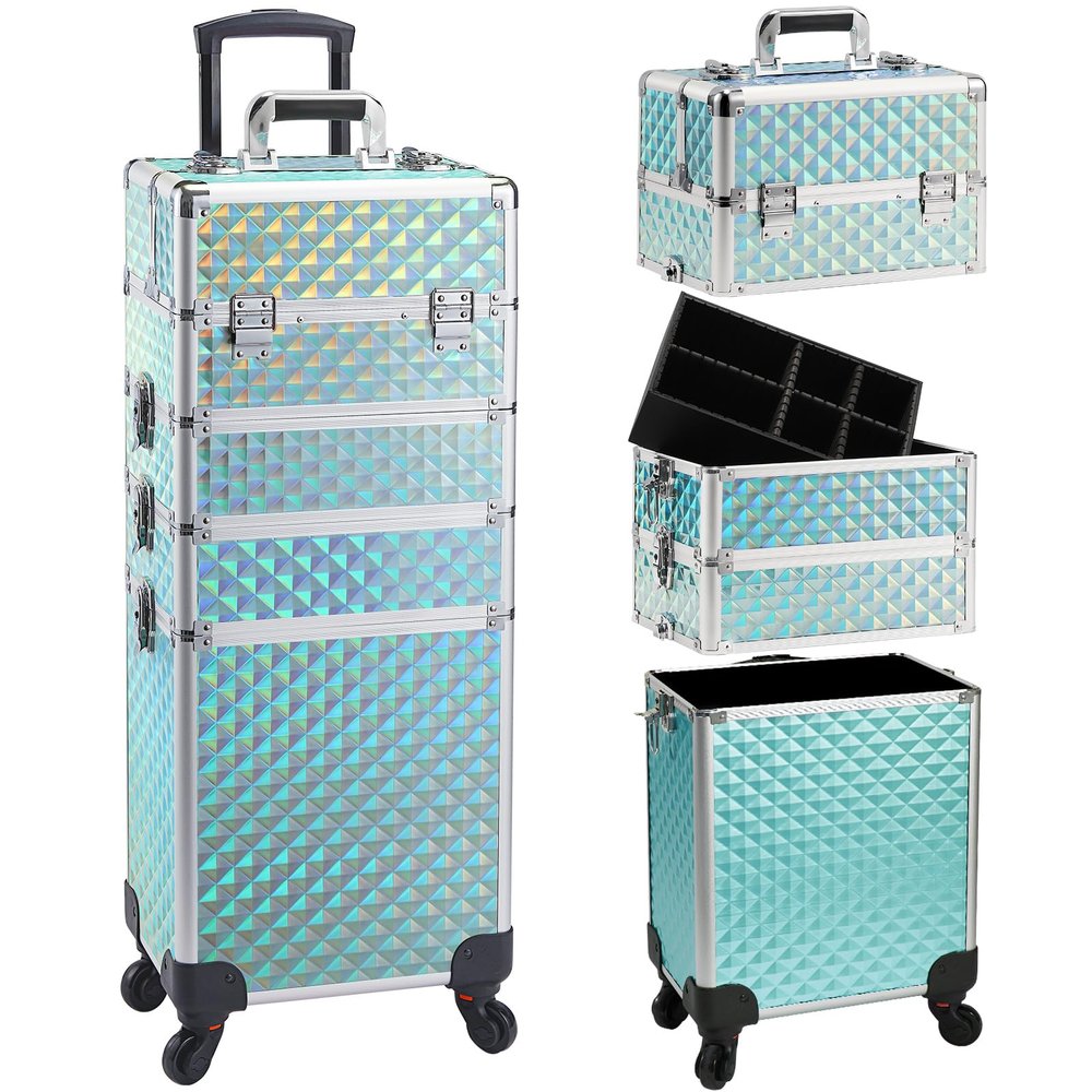 Faquenc Rolling Makeup Case with Wheels 4 in 1 Cosmetic Trolley and Cosmetology Cart Trunk for Makeup Artists Hairstylists Nail Techs Salons Large Capacity Turquoise