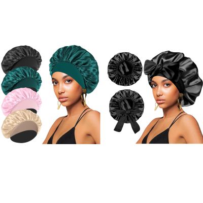 (2Pcs + 4Pcs) Satin Silk Hair Bonnet for Sleeping Women,Large Bonnets with Elastic Wide Tie Band Silk Sleep Cap,Hair Wrap Night Cap with Adjustable Straps for Black Women Curly Hair Jumbo Bonnet Braid