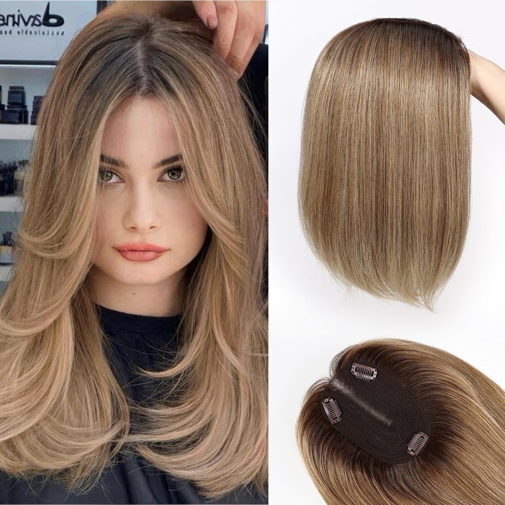 starluck 14 Inch Ombre Dark Blonde Hair Toppers for Women Synthetic Hair Toppers Hair Pieces Swiss Base with 3 Clips in Wiglets Toppers for Women with Thinning Hair Hair Loss