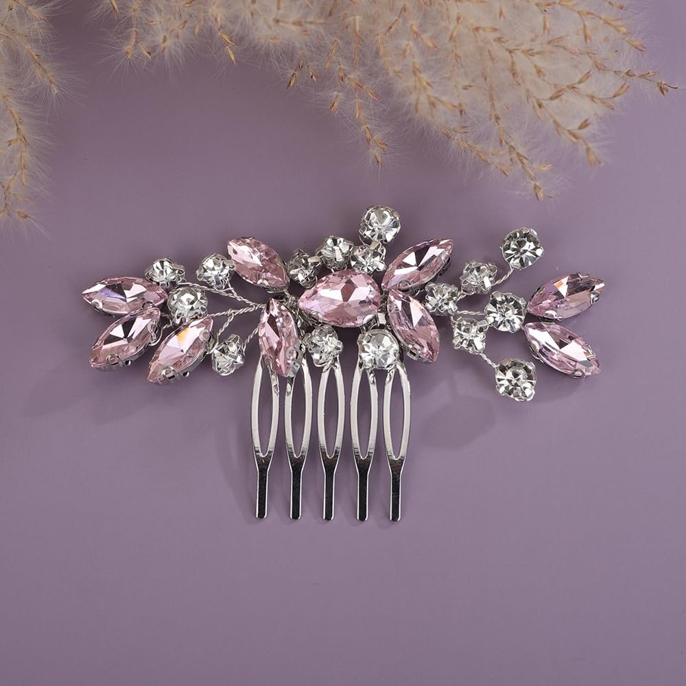 Teyglen Pink Rhinestone Bridal Side Comb Crystal Bride Wedding Hair Comb Sparkly Hair Accessories Rhinestone Headpiece for Women