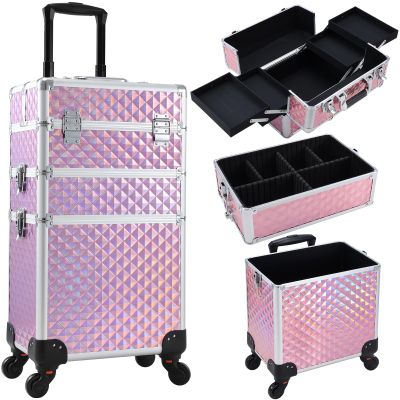 Faquenc Rolling Makeup Train Case 3 in 1 Cosmetology Case on Wheels Makeup Organizers Nail Tech Storage Cart Cosmetic Trolley Travel Barber Suitcase for Make up Manicure Hair Lockable, Shiny Pink