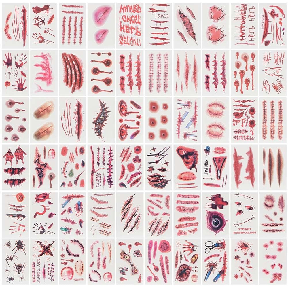 GORGECRAFT 60 Sheets Halloween Scar Temporary Tattoos Realistic Wound Tattoo Blood Stickers Makeup Zombie Tattoo Face Body Stitch Scar Tattoos for Halloween Cosplay Party Prank Props