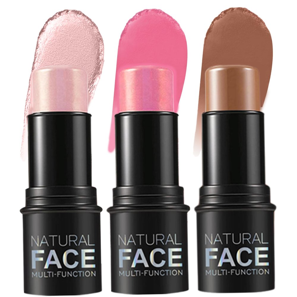 Contour Stick 3PCS Set, Contouring Stick 3 Colors, Waterproof Long Lasting Blush Stick Natural Finish, Multipurpose Highlighter Makeup Stick for Cheeks, Lips