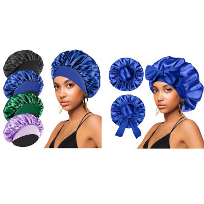 (2Pcs + 4Pcs) Satin Silk Hair Bonnet for Sleeping Women,Hair Wrap Cap for Curly Hair,Elastic Wide Band Hair Bonnet Shower Cap for Sleeping
