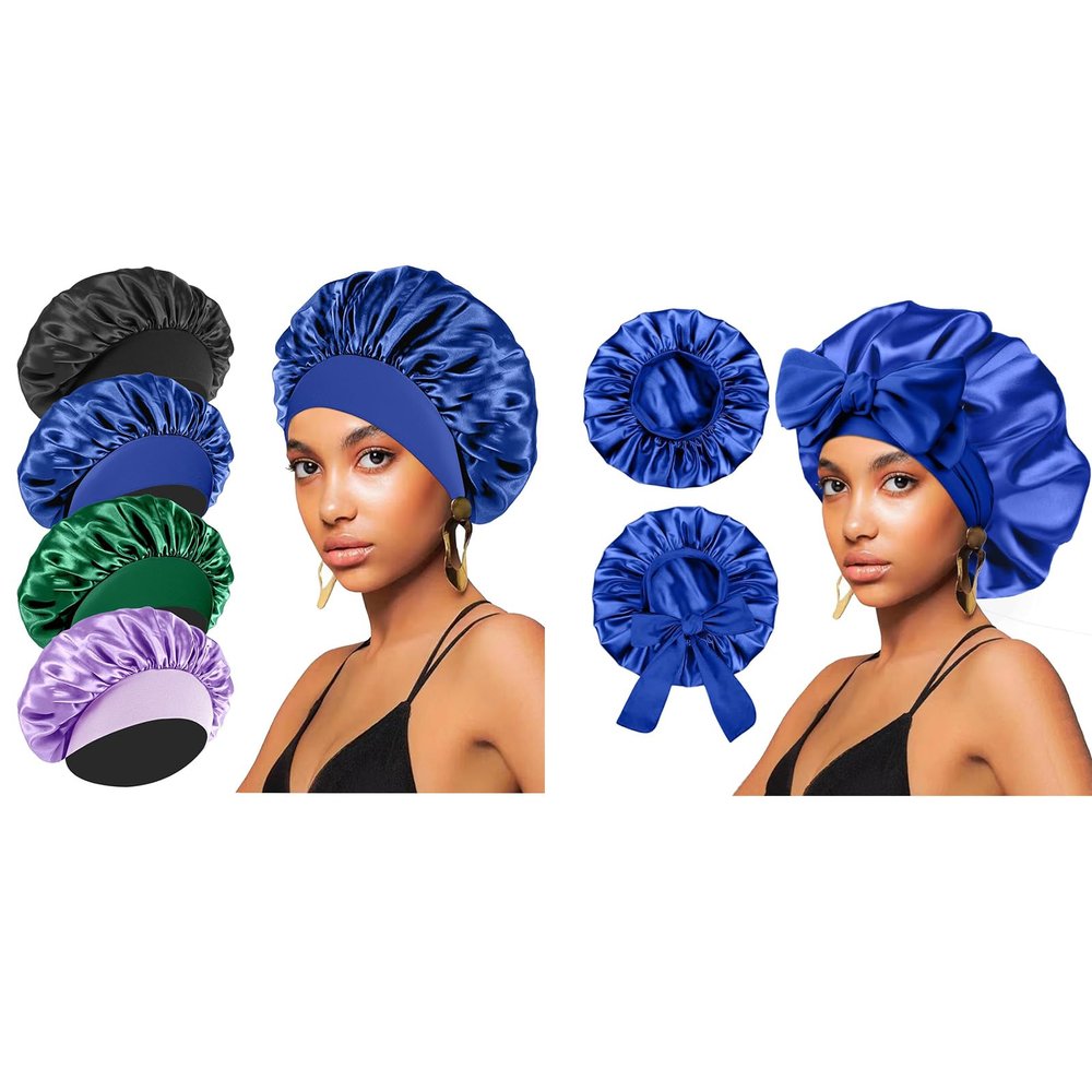 (2Pcs + 4Pcs) Satin Silk Hair Bonnet for Sleeping Women,Hair Wrap Cap for Curly Hair,Elastic Wide Band Hair Bonnet Shower Cap for Sleeping