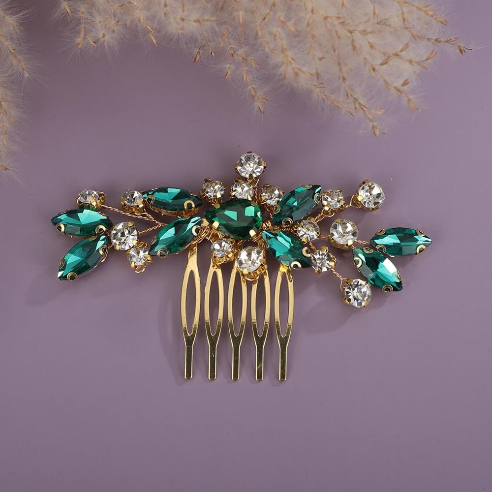 Teyglen Green Rhinestone Bridal Side Comb Crystal Bride Wedding Hair Comb Sparkly Hair Accessories Rhinestone Headpiece for Women