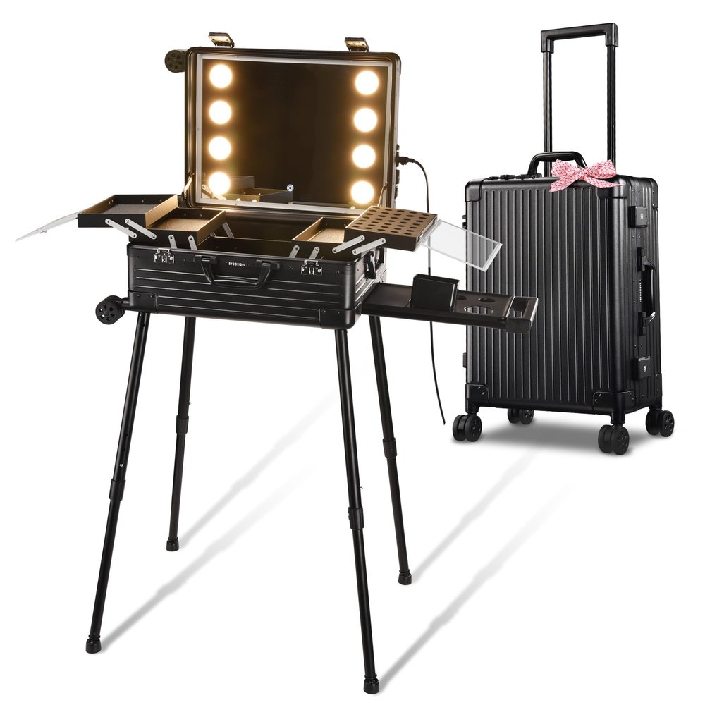 BYOOTIQUE Rolling Makeup Case with LED Lighted Mirror 22 Inch Professional Cosmetic Organizer Storage Travel Aluminum Trolley Case with Extendable Tray Adjustable Leg For Makeup Artist Studio Salon