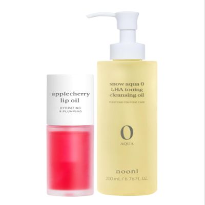 NOONI Korean Vegan Lip Oil - Applecherry, 0.12 Fl Oz + Korean Cleansing Oil - Snow Aqua 0 LHA Toning Pore Care Korean Facial Oil Cleanser, 6.76 fl.oz Bundle