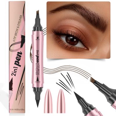 2-in-1 Dual-Ended Waterproof Eyebrow Pencils with 4-Fork-Tip for Women, 3D Microblading Eyebrow Pen with Eyeliner Pencil, Natural Hair Like Strokes, All-Day Wear (02 Dark Brown)