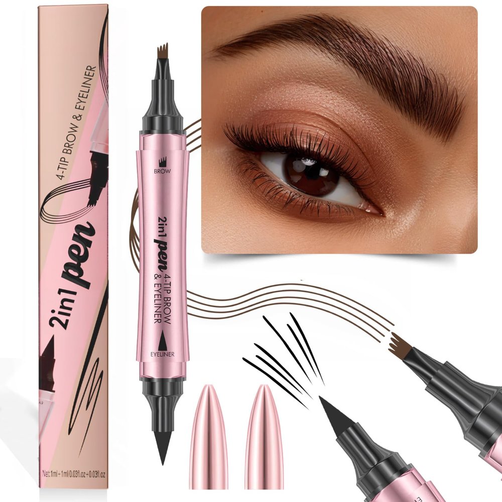 2-in-1 Dual-Ended Waterproof Eyebrow Pencils with 4-Fork-Tip for Women, 3D Microblading Eyebrow Pen with Eyeliner Pencil, Natural Hair Like Strokes, All-Day Wear (02 Dark Brown)