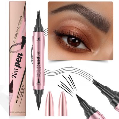 2-in-1 Dual-Ended Waterproof Eyebrow Pencils with 4-Fork-Tip for Women, 3D Microblading Eyebrow Pen with Eyeliner Pencil, Natural Hair Like Strokes, All-Day Wear (03 Gray)